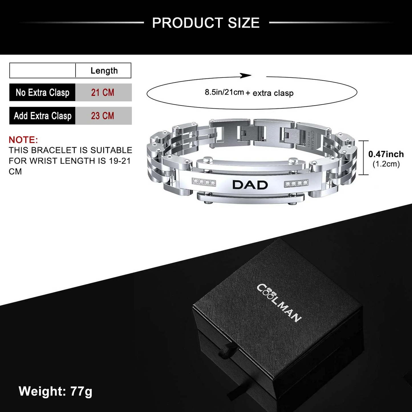 Coolman Men's Bracelet Adjustable Bracelet Extra Clasp for Dad Father