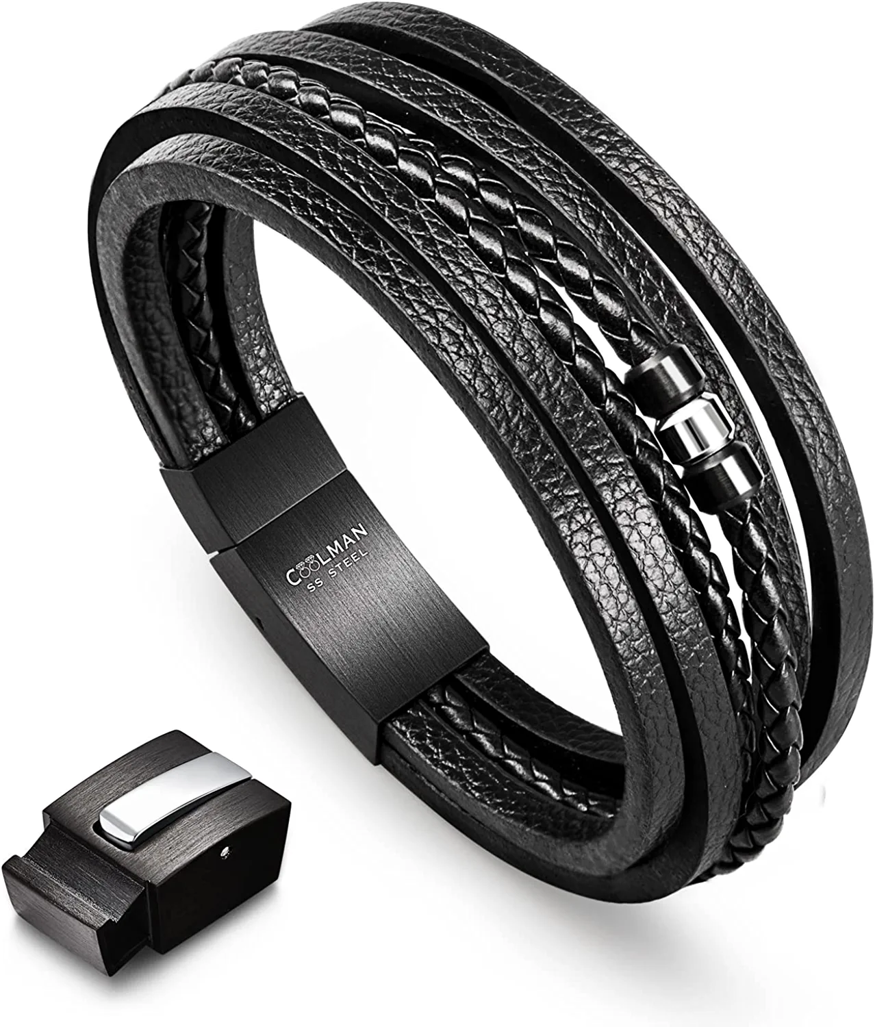Coolman Leather Bracelet for Men Stainless Steel Braided Cuff Bracelet with Carbon Fibre Bead Magnetic Clasp