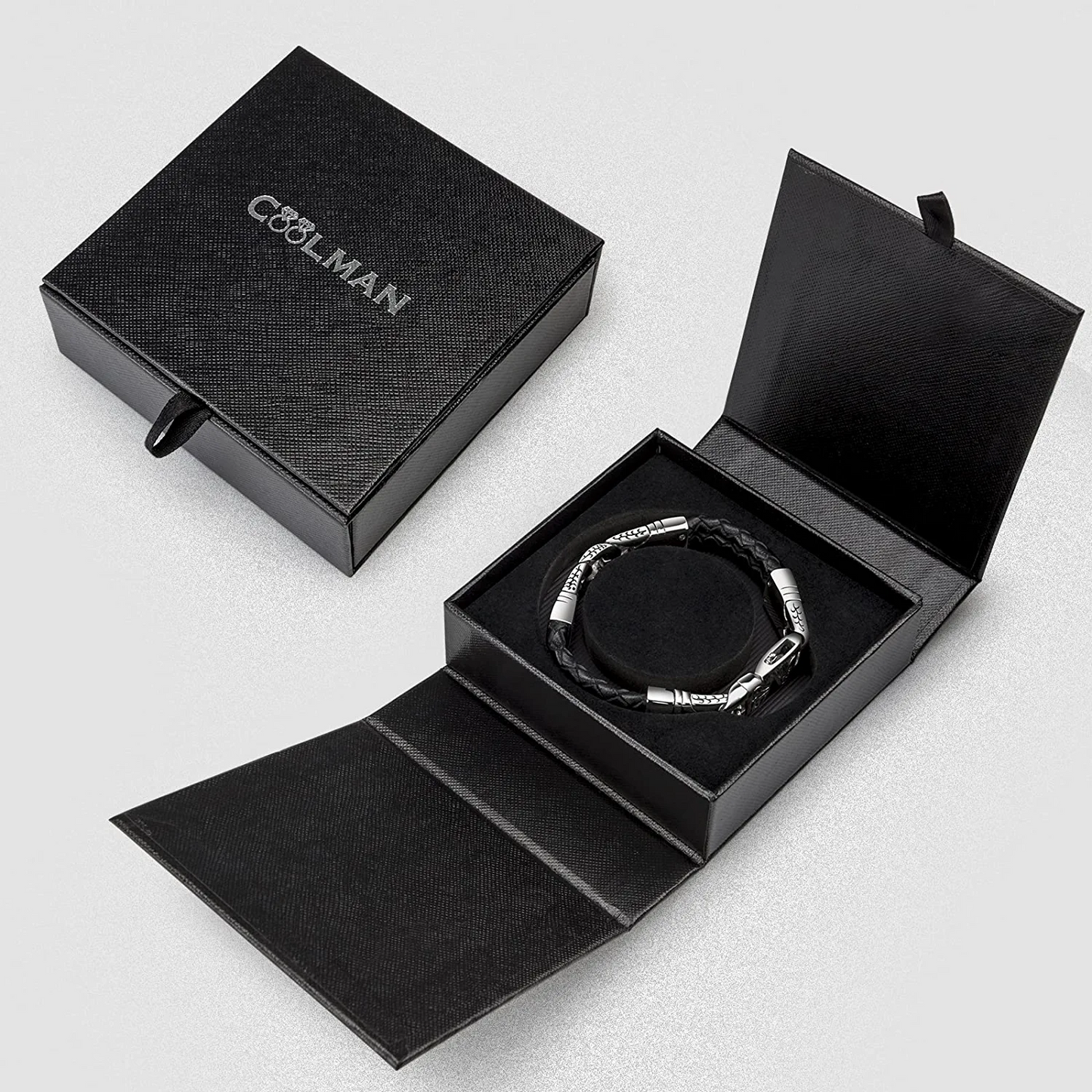 Coolman Men's Leather Bracelet Black and Silver Cuff Bracelet for Men