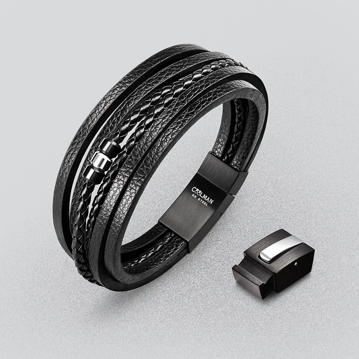Coolman Leather Bracelet for Men Stainless Steel Braided Cuff Bracelet with Carbon Fibre Bead Magnetic Clasp